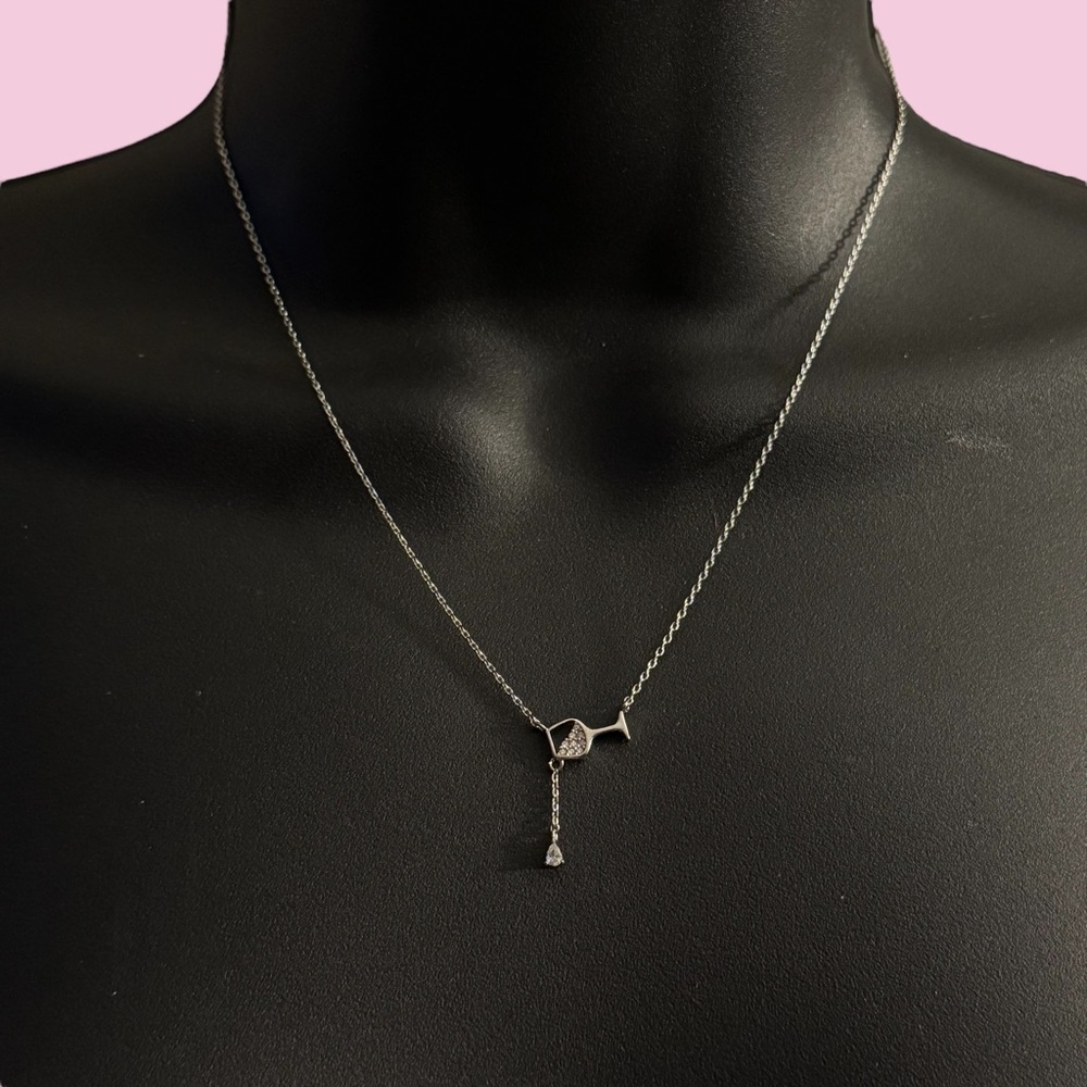 Secret Box sterling silver dipped CZ spilling of wine necklace